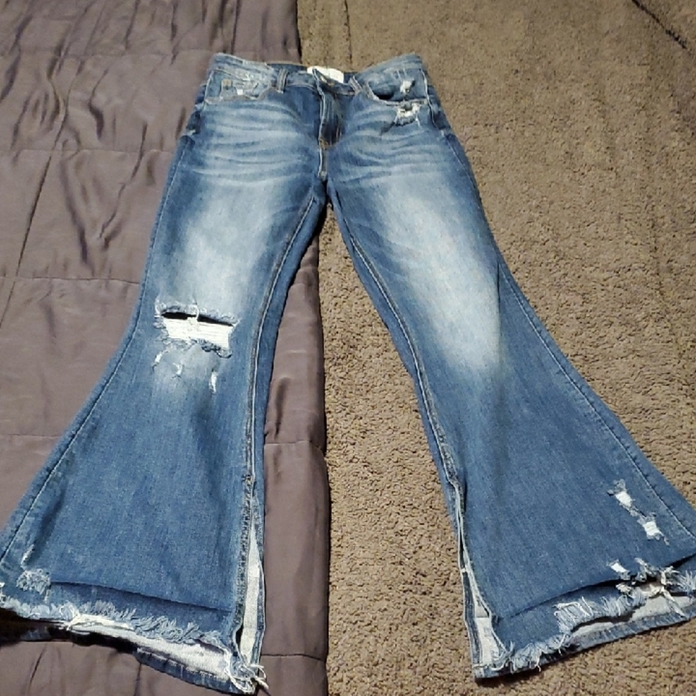 Women's Blue Distressed Wide Leg Flare Jeans